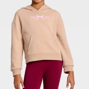 Cat & Jack Girls Fleece Hooded Pullover Sweatshirt Pink Bows‎ Size L 10 12 NWT
